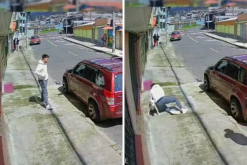 Hombre termina en el piso al tratar de atrapar a un perrito.
