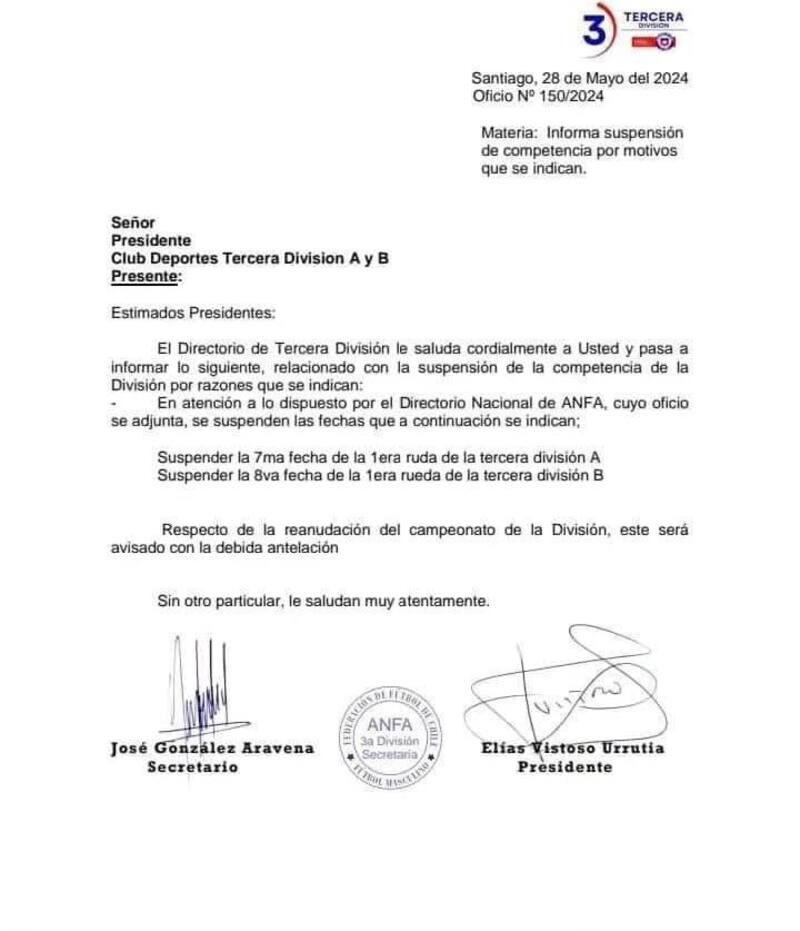 Circular de ANFA enviada a los clubes de Tercera División.