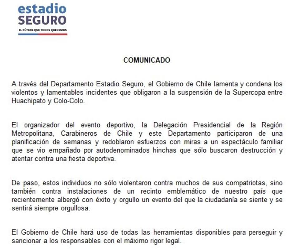 reaccionó a los incidentes en la Supercopa mediante un comunicado.
