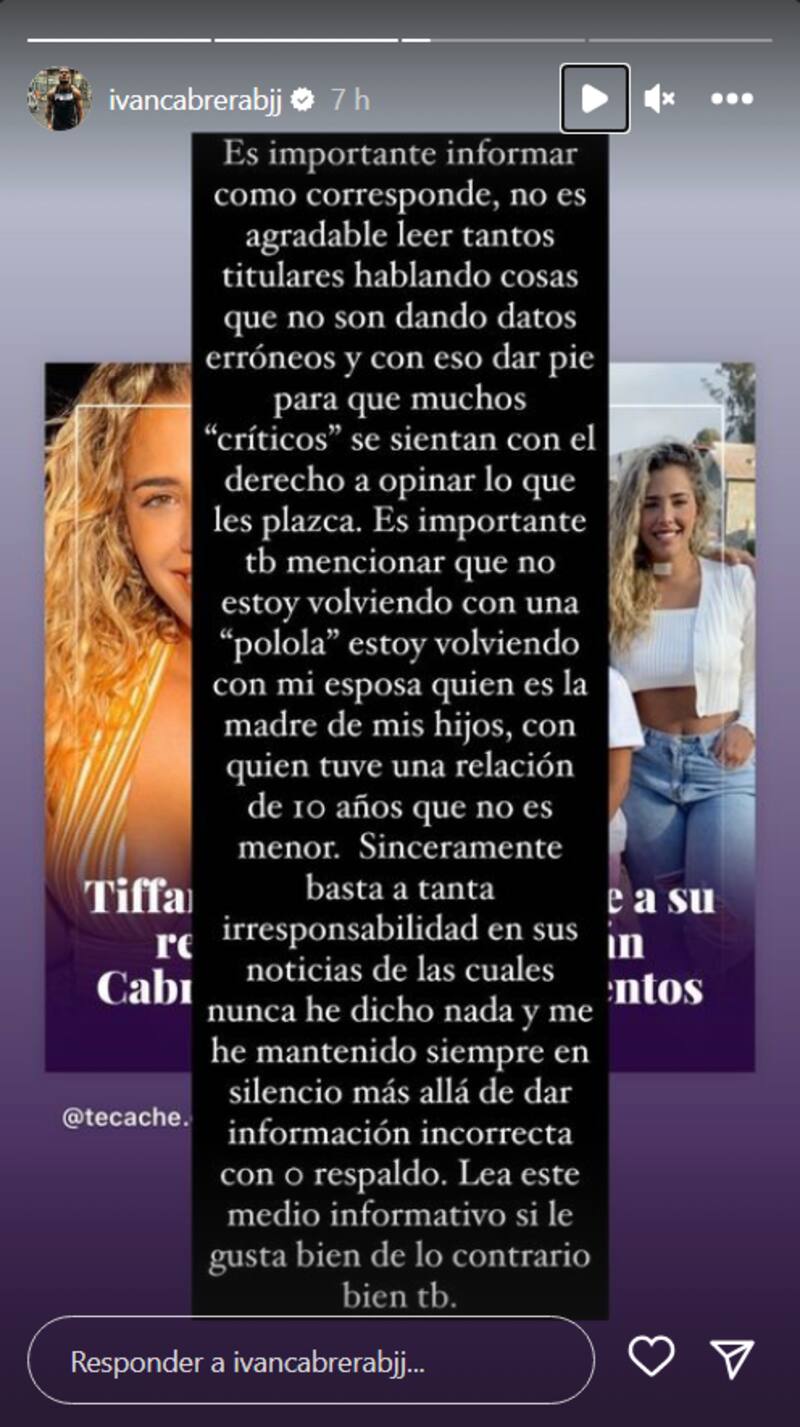 Iván Cabrera subió un mensaje aclarando su reconciliación con Tiffany Magrini