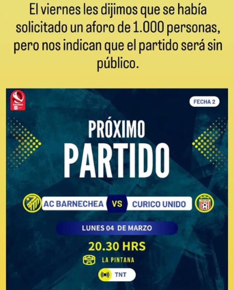 Barnechea anunció a través de Instagram que el partido contra Curicó Unido se jugará sin público en las tribunas.