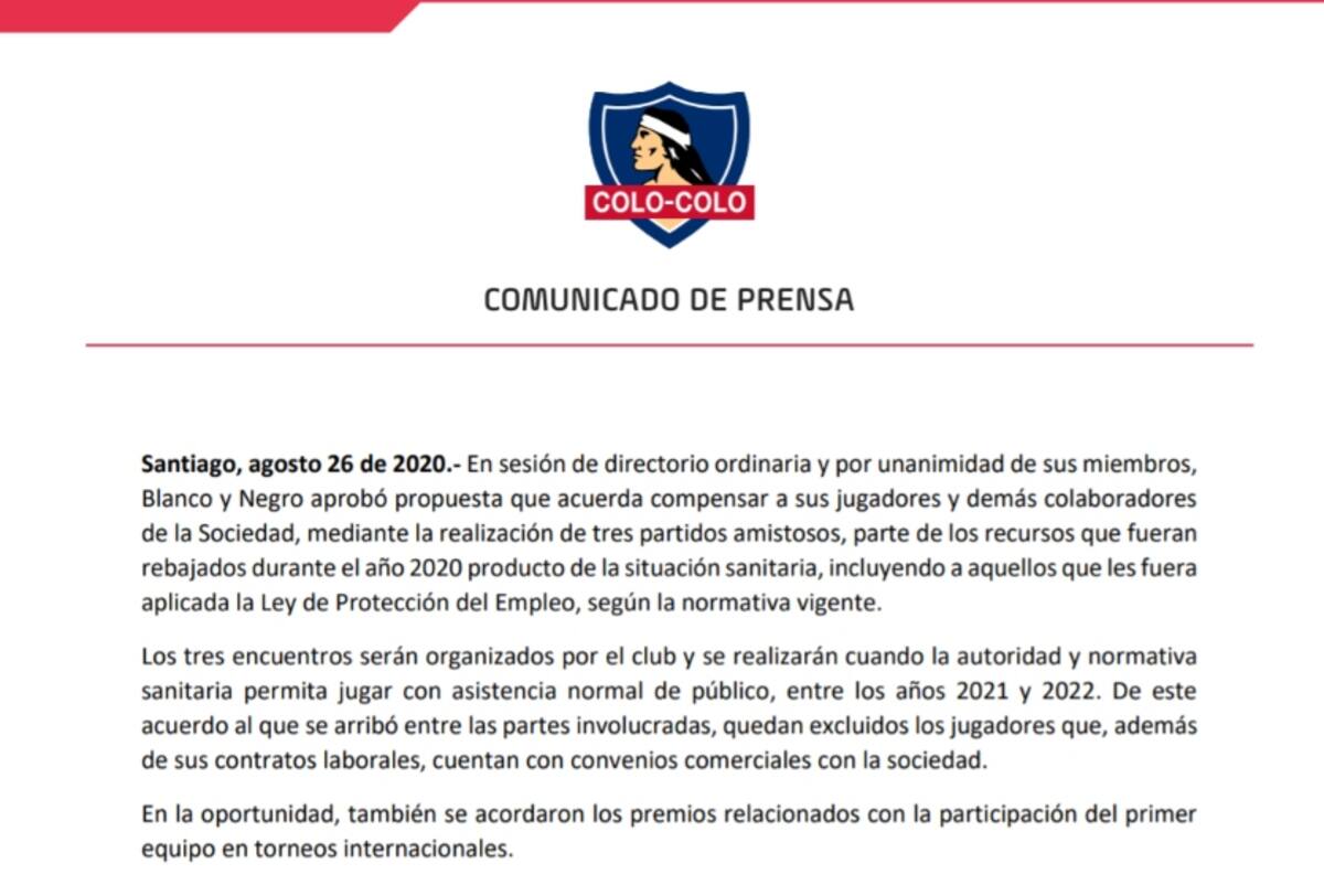 Blanco y Negro aprobó bono compensatorio para el resto del plantel de Colo Colo