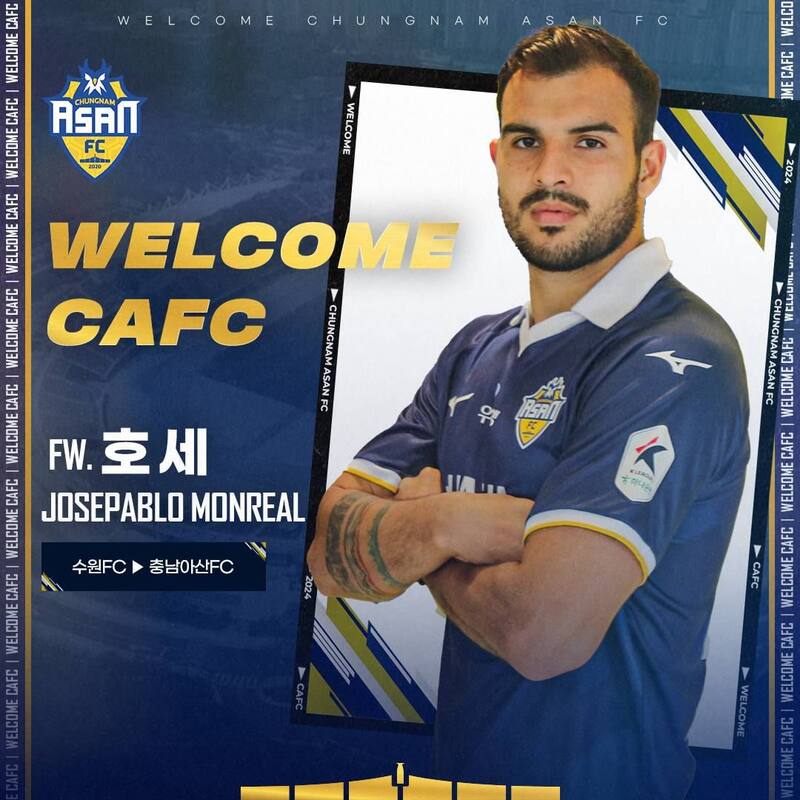 Josepablo Monreal es nuevo refuerzo del Chungnam Asan FC de Corea del Sur.
