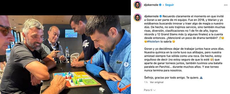 Novak Djokovic anunicó en Instagram el fin de su relación con Goran Ivanisevic. Foto: @djokernole