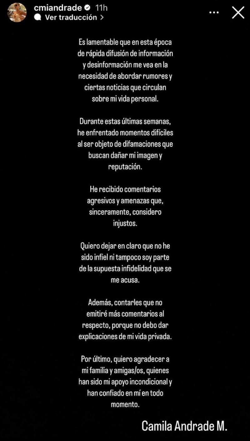 Camila Andrade alza la voz en sus redes sociales.