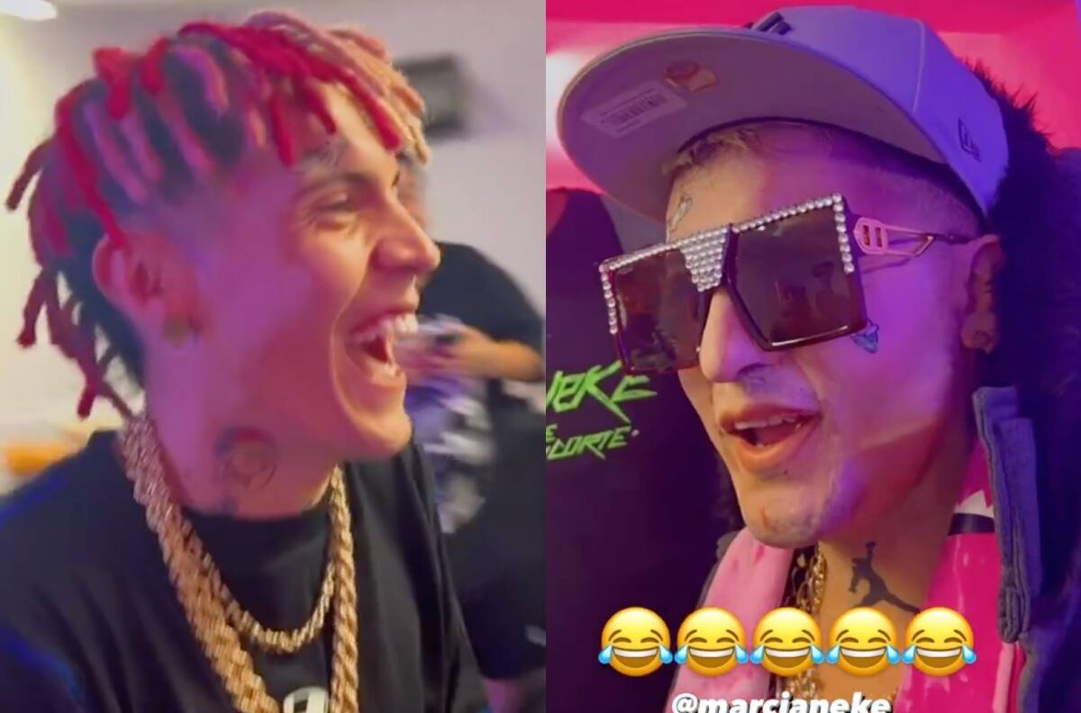 Son idénticos: Marcianeke se sorprende al encontrarse con su imitador en pleno concierto