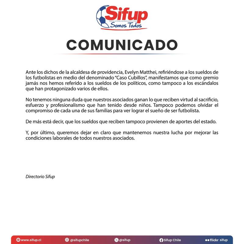Este es el comunicado que emitió el Sifup tras las primeras declaraciones de Evelyn Matthei esta mañana.