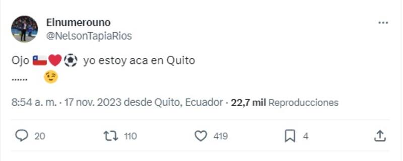 Tweet de Nelson Tapia haciendo un llamado de cara al partido de La Roja contra Ecuador