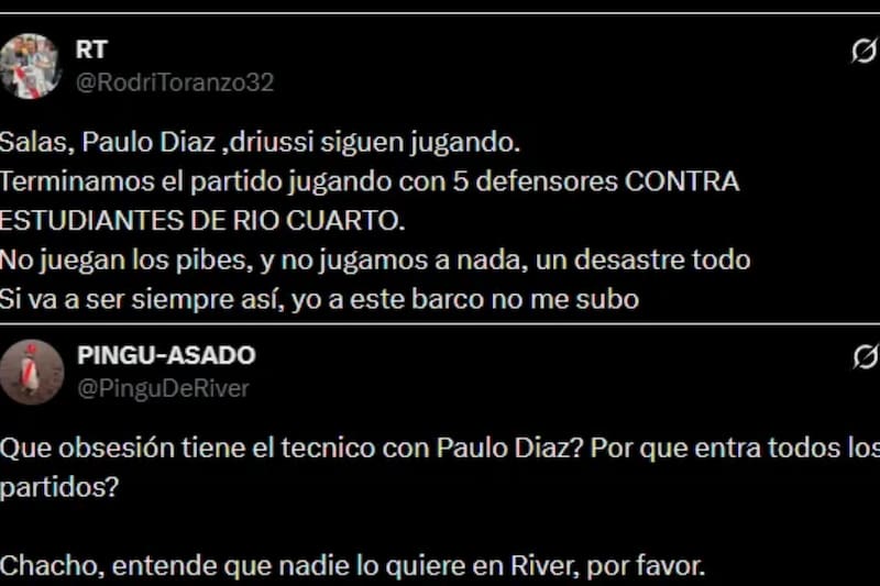 Los hinchas de River Plate tajantes contra el chileno y su DT. Foto: Capturas en X.