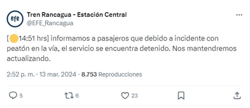 Tren Rancagua - Estación Central en X.