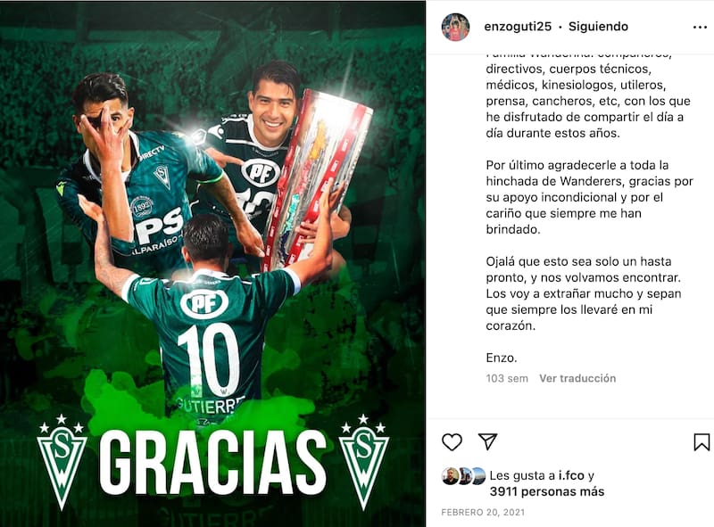 La despedida de Enzo Gutiérrez a los hinchas de Wanderers en Instagram.