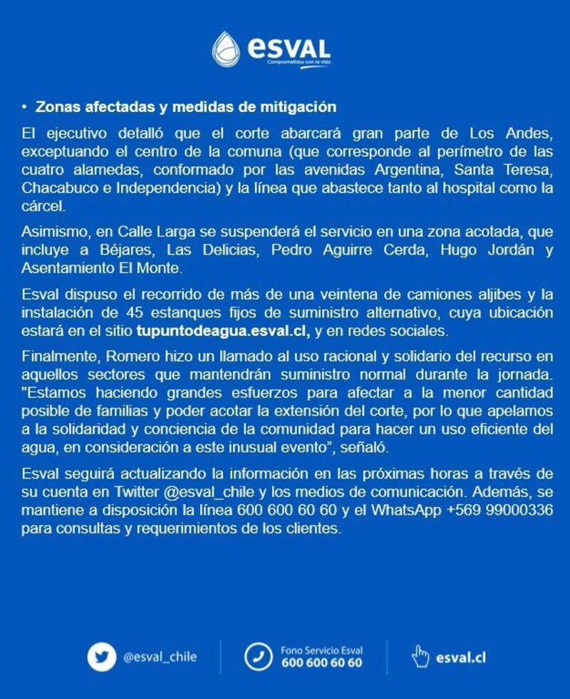 Corte de suministro de agua en Los Andes y San Felipe.