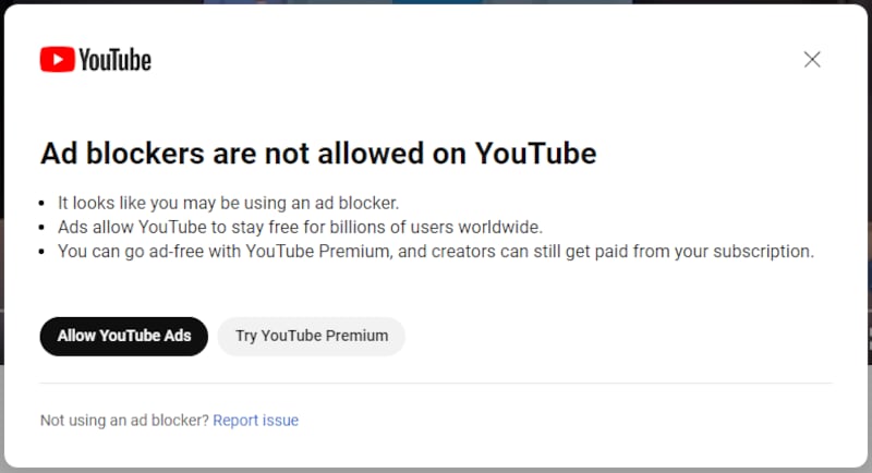 Mensaje que aparecerá si estás usando bloqueadores de anuncios en YouTube.