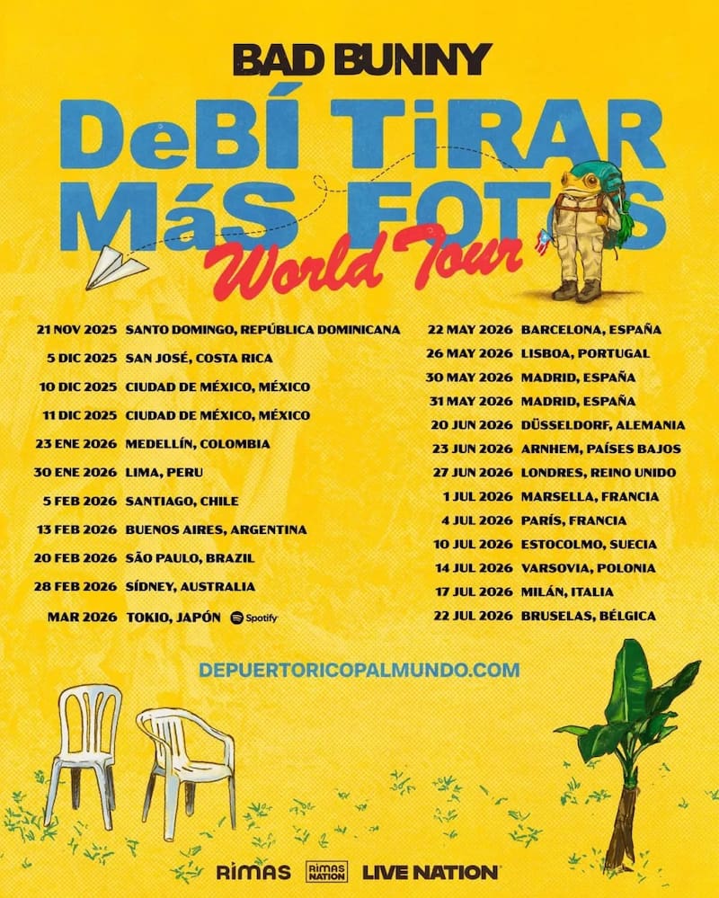 Las primeras fechas confirmadas por Bad Bunny. Hasta el momento, se han sumado dos nuevos shows en Colombia y uno más en Perú.