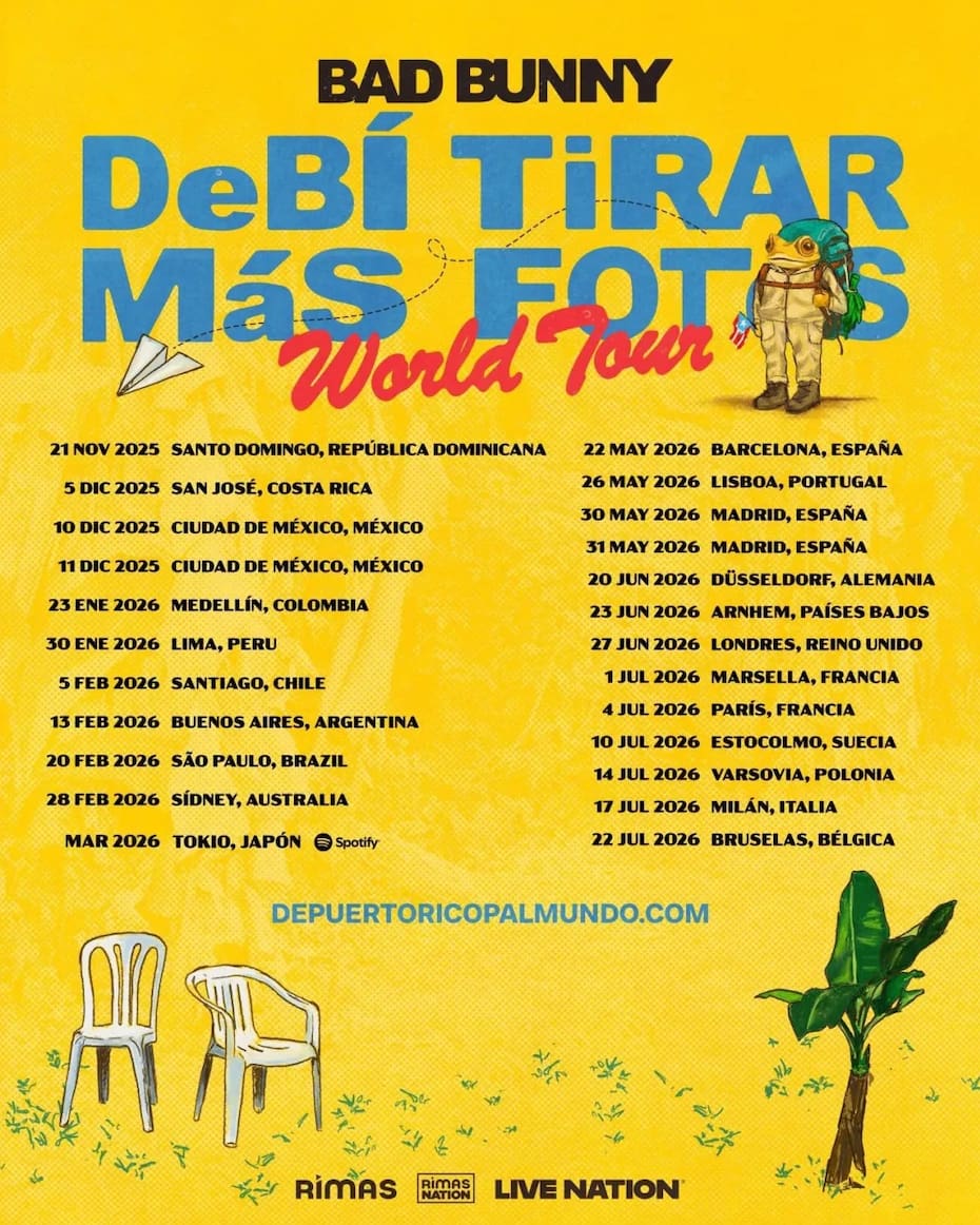 Las primeras fechas confirmadas por Bad Bunny. Hasta el momento, se han sumado dos nuevos shows en Colombia y uno más en Perú.