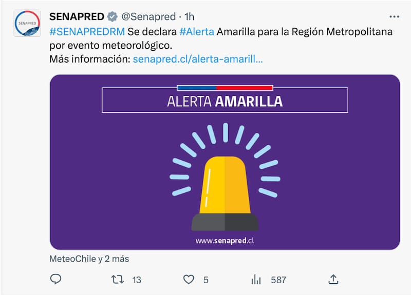 Fue decretada por Senapred para toda la Región Metropolitana.