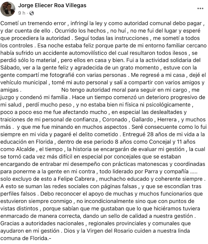 Esta es la declaración en Facebook que escribió la madrugada de este lunes el alcalde José Roa de Florida.