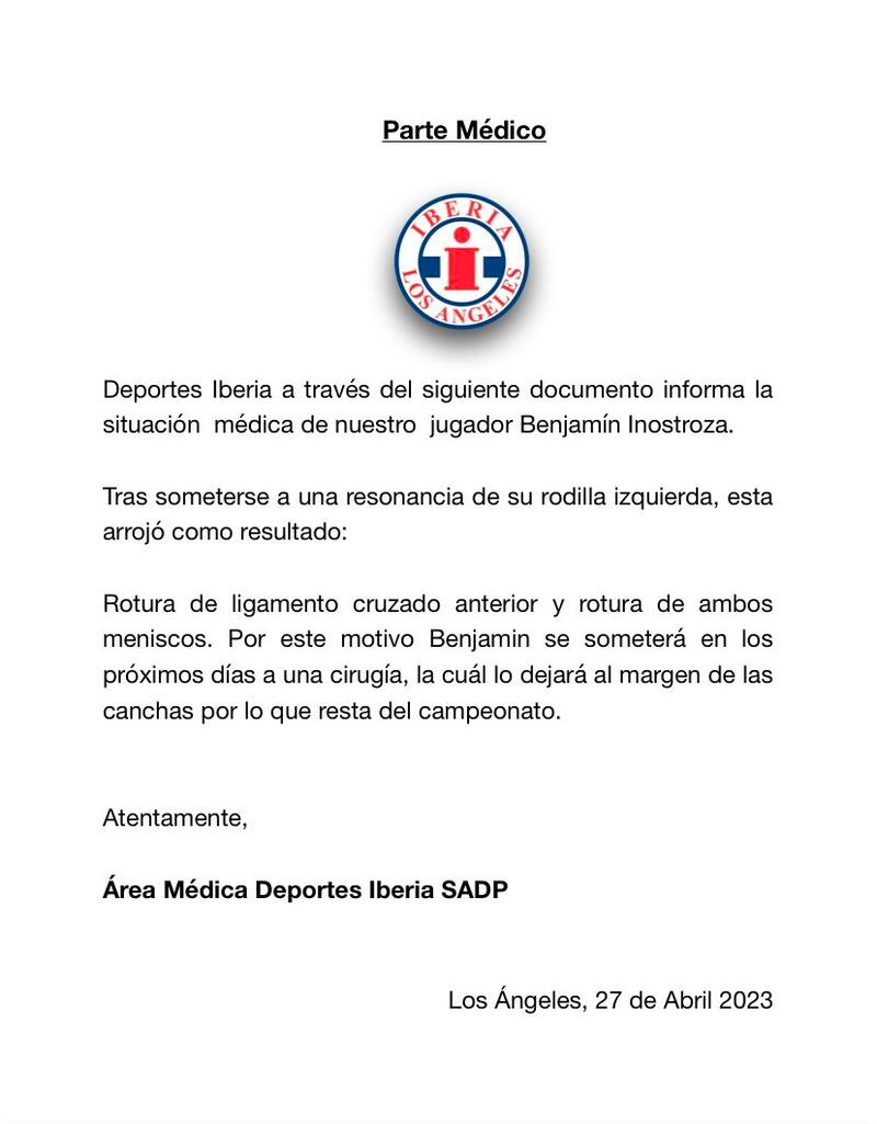 Parte médico de Iberia de Los Ángeles por la lesión del delantero Benjamín Inostroza.