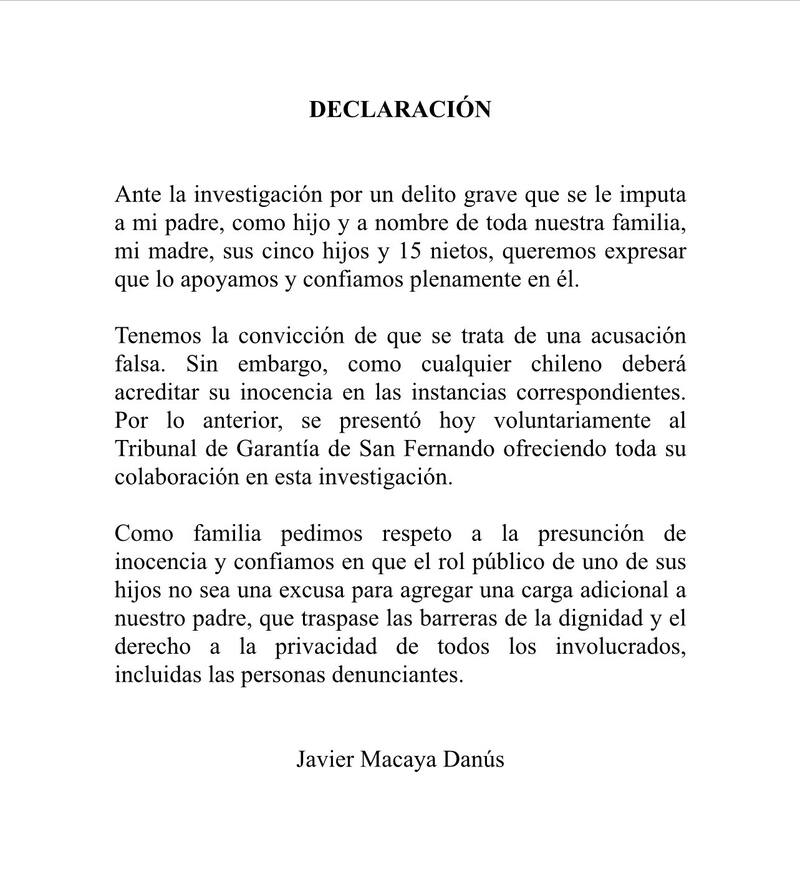 El senador y presidente de la UDI, Javier Macaya, se refirió a la detención de su padre mediante este comunicado. Imagen: Twitter Javier Macaya.