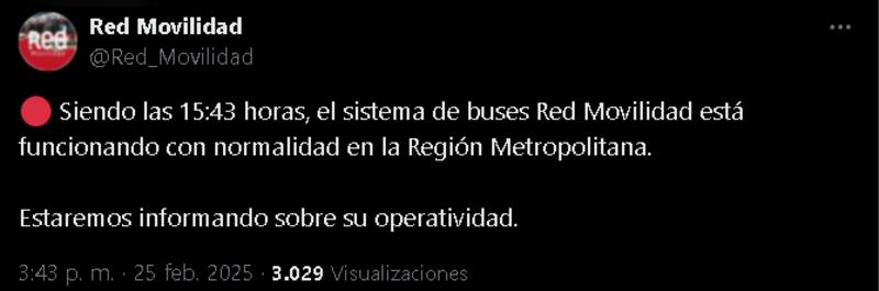 publicó en redes sobre el estado del servicio en la RM.