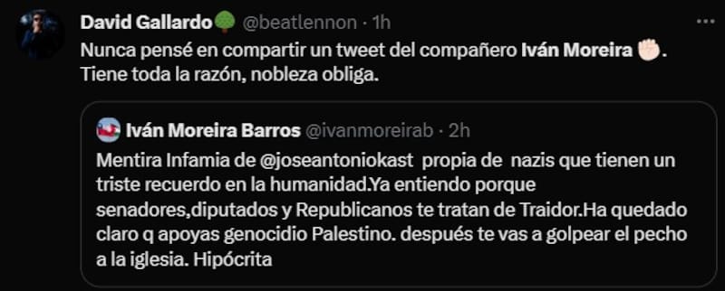 Captura de "X" sobre arremetida de Moreria contra José Antonio Kast