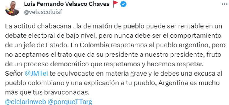 Tuit de Luis Fernando Velasco.