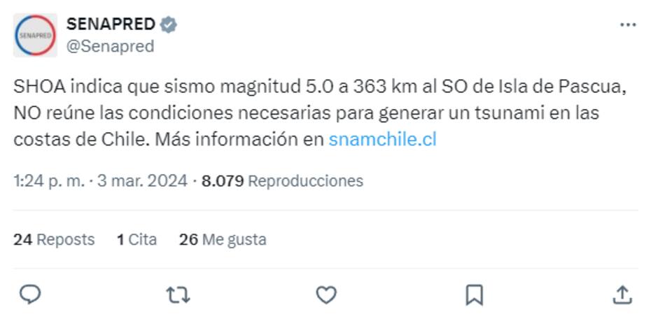 Tras temblor en Rapa Nui, SHOA descarta tsunami en costas de Chile.