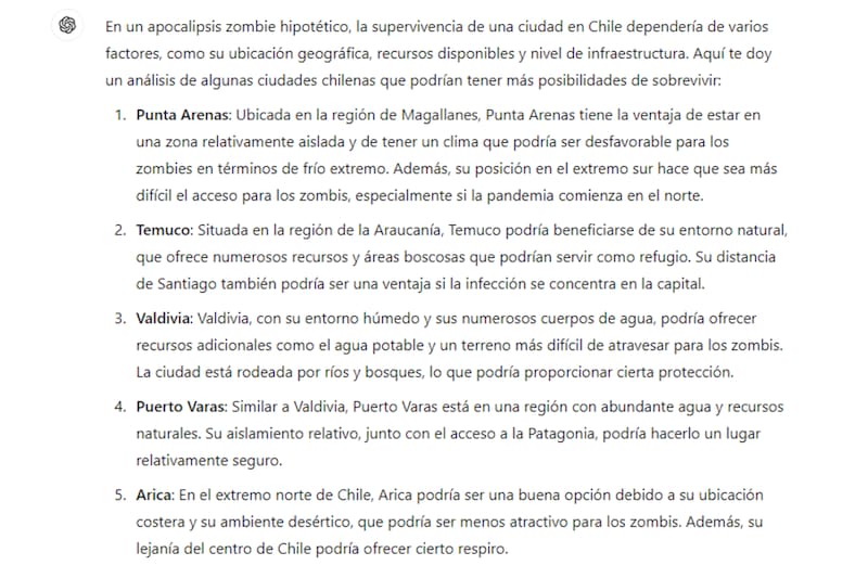 Respuesta de ChatGPT por la ciudad con mayor probabilidad de sobrevivir un apocalipsis zombie.
