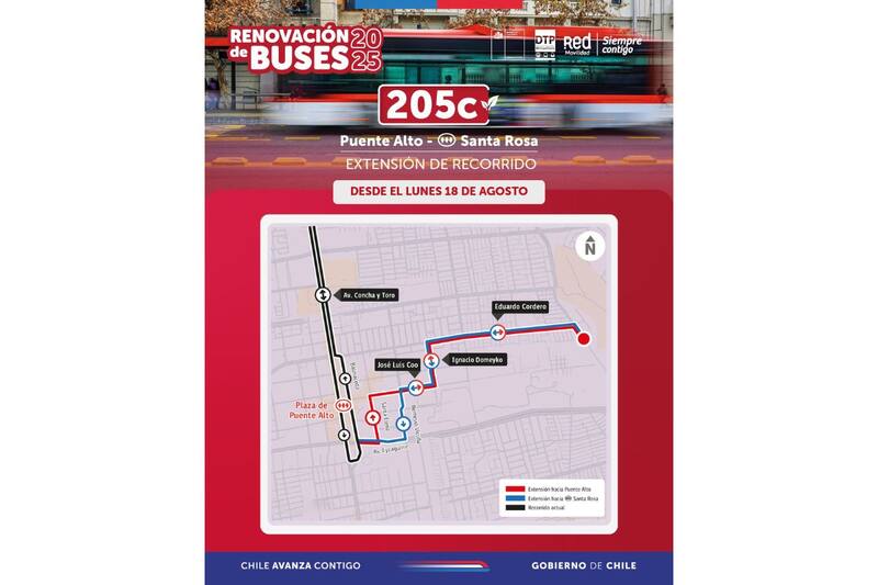 Estos son los nuevos recorridos que tendrá la 205c en Puente Alto.
Créditos: Red Movilidad.