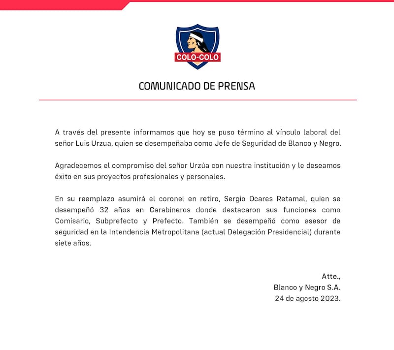 Comunicado de prensa de Blanco y Negro por la salida del jefe de seguridad de Colo Colo.
