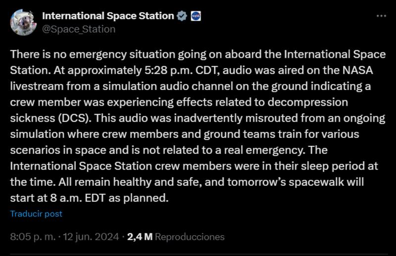 Así, la NASA aclaraba qué fue lo que realmente sucedió durante la supuesta emergencia en el Espacio.