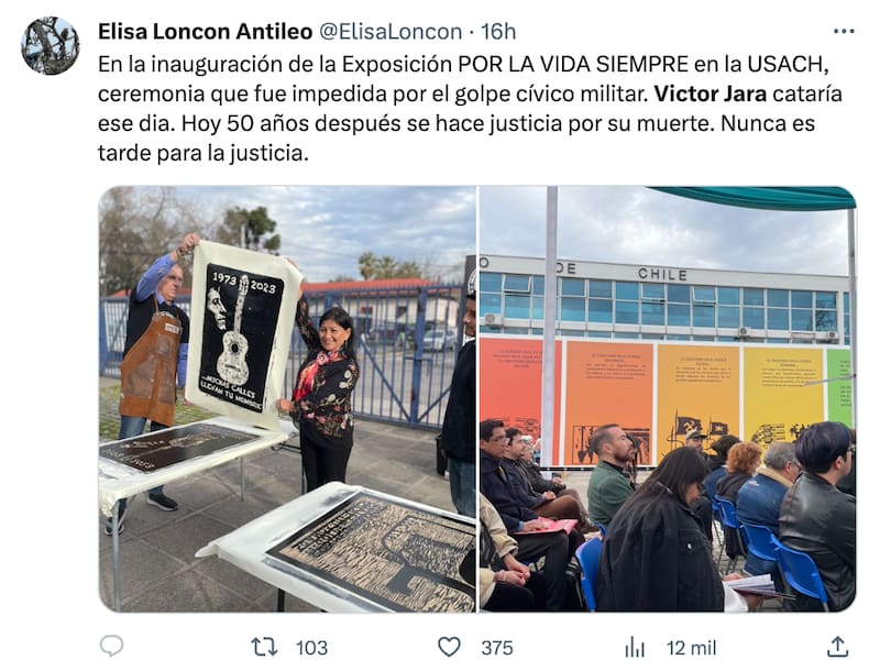 Elisa Loncón comentó en Twitter la sentencia contra los asesinos de Víctor Jara.