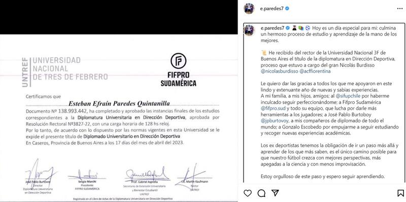 Esteban Paredes comunicó su finalización en el diplomado de gerencia deportiva.