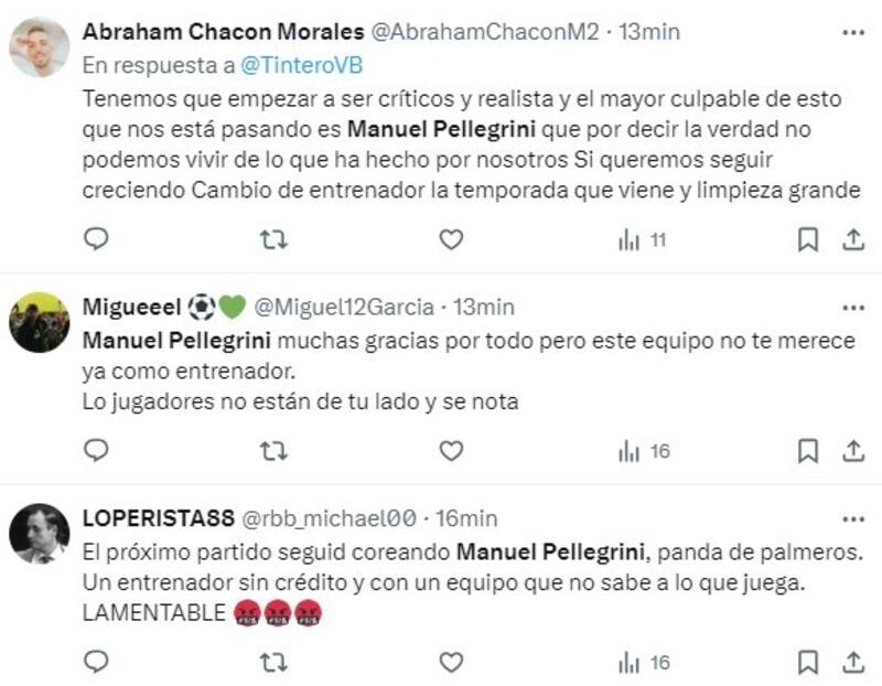 Hinchas del Betis piden la salida de Manuel Pellegrini