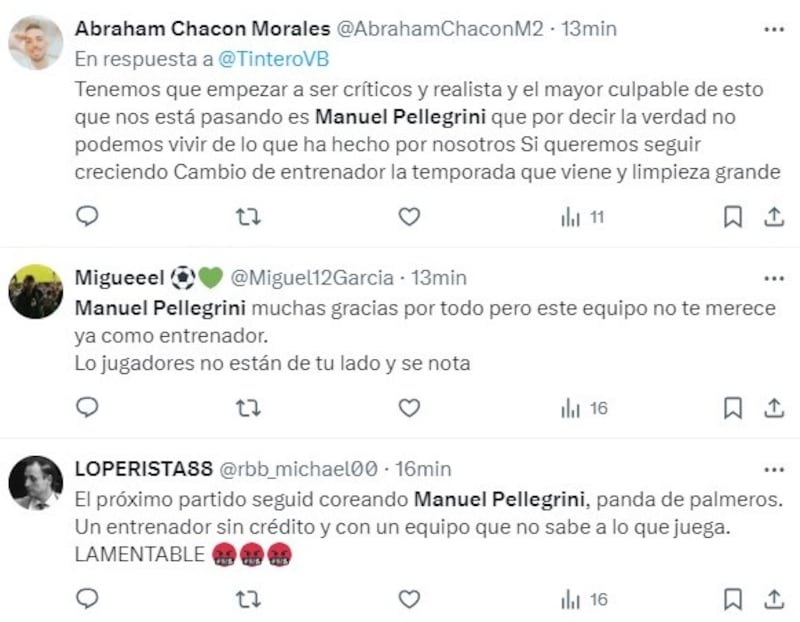 Hinchas del Betis piden la salida de Manuel Pellegrini
