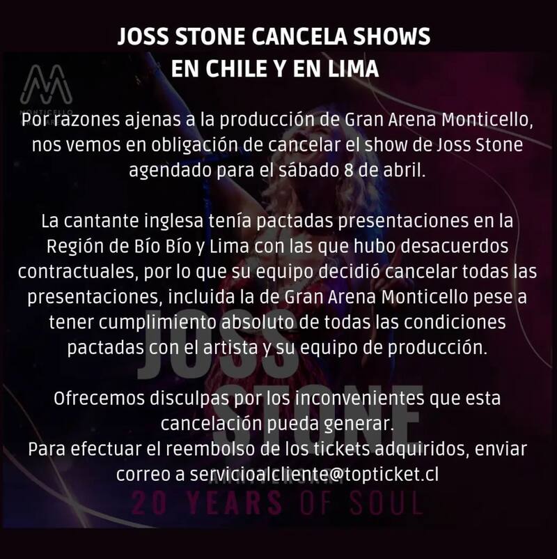 Joss Stone cancela sus shows en Chile. Créditos: Instagram Gran Arena Monticello.