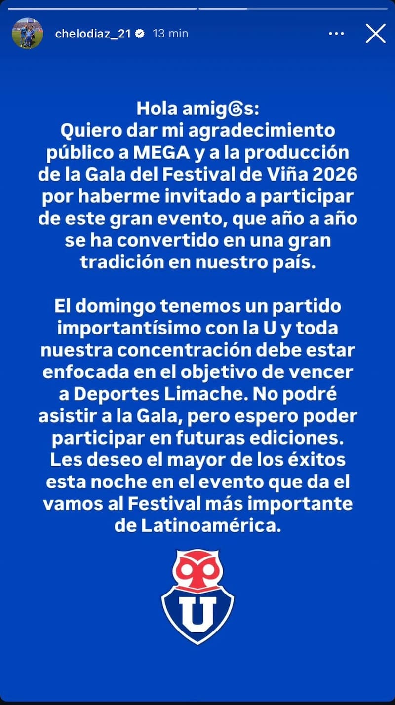 El volante confesó que no podrá asistir a la Gala de Viña del Mar.