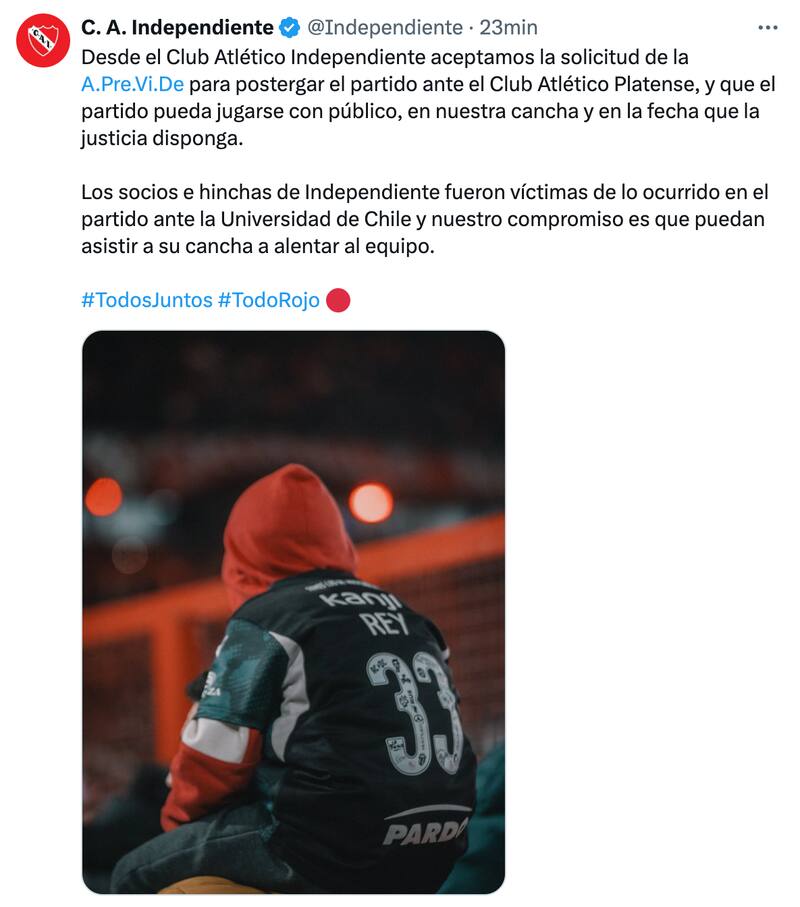 Comunicado tras la suspensión de su partido en Argentina.