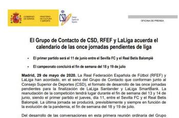 Confirmado: La Liga regresa el 11 de junio con el Clásico de Sevilla