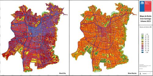 Mapa de ruido hecho por el Ministerio del Medio Ambiente. Los colores más oscuros representan mayor bullicio.