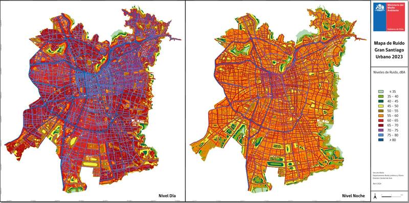 Mapa de ruido hecho por el Ministerio del Medio Ambiente. Los colores más oscuros representan mayor bullicio.