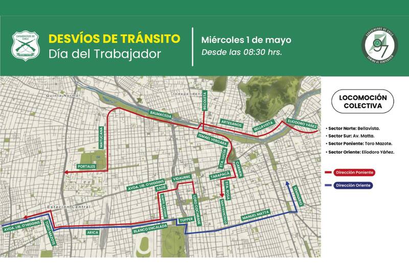 Este será el mapa de desvíos del tránsito para el transporte público este 01 de mayo.