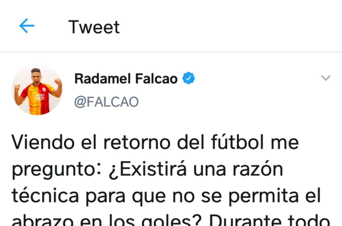 Falcao denuncia inconsecuencia en protocolos sanitarios de regreso del fútbol