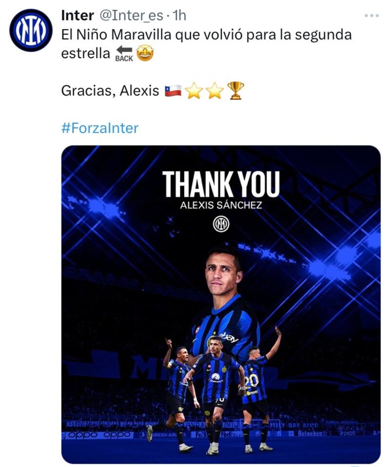 La dedicatoria del Inter de Milán para Alexis Sánchez en la hora del adiós.