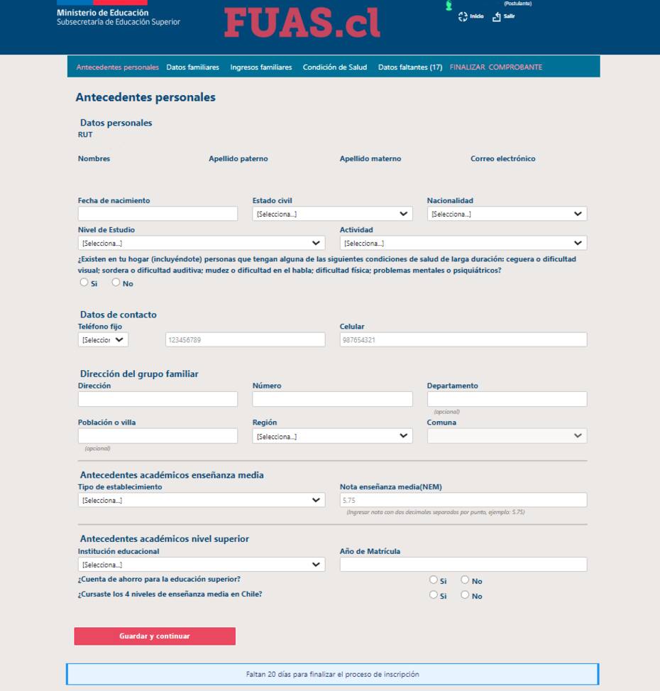 Esta es una parte de los datos requeridos por el Formulario Único de Acreditación Socioeconómica. Créditos: FUAS.cl