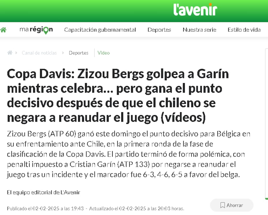 sobre el hecho entre Cristian Garin y Zizou Bergs por Copa Davis.