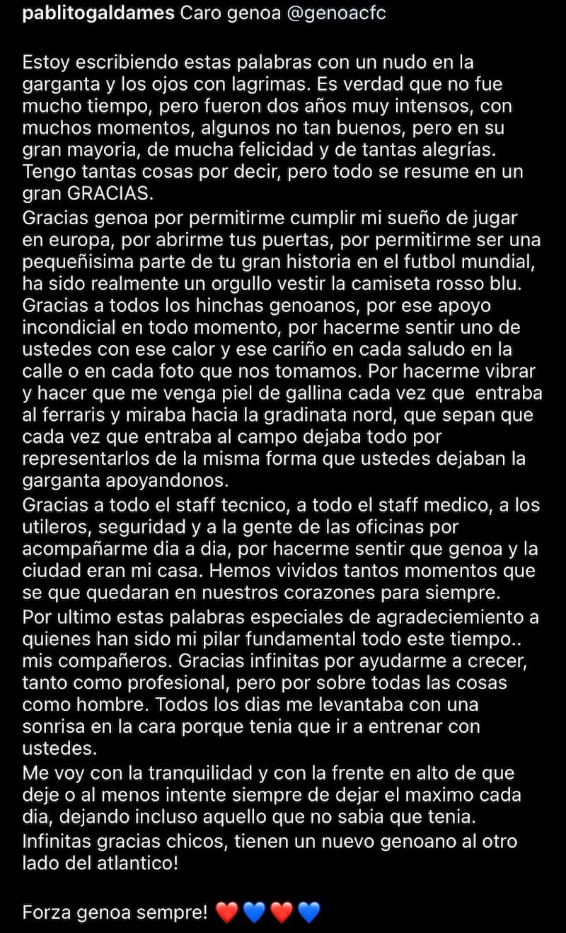 El sentido adiós de Pablo Galdames al Genoa.