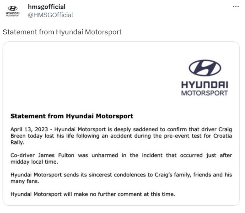 Hyundai Motorsport confirmó la muerte del piloto.