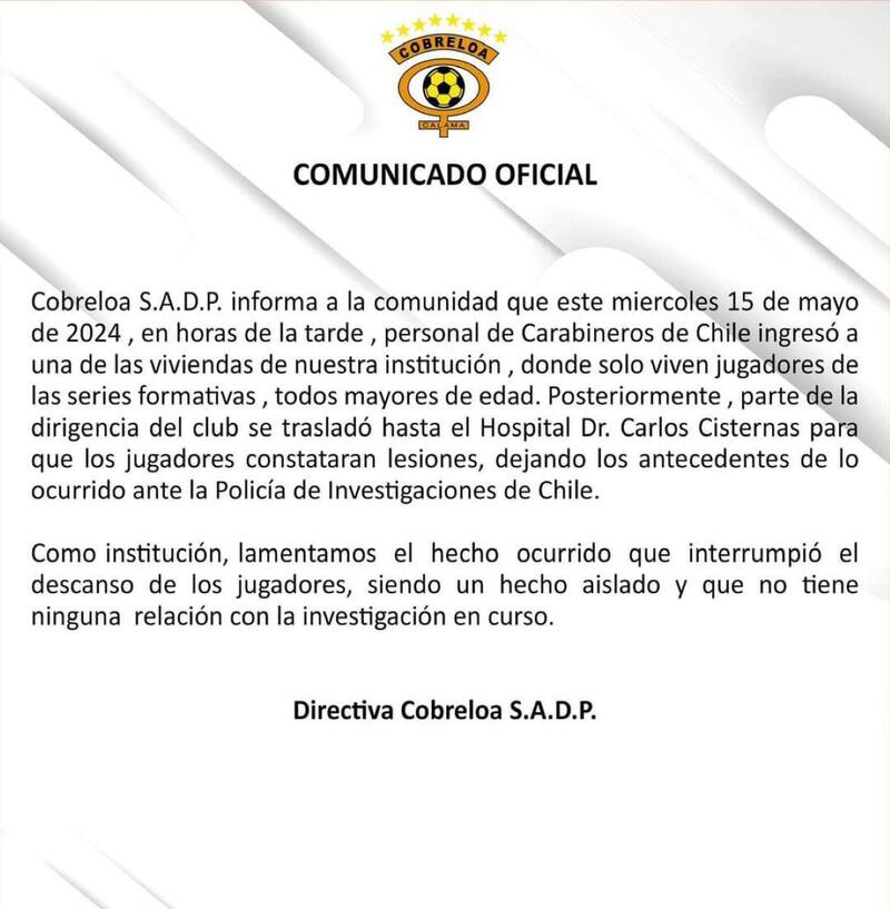El comunicadoe emitido por el elenco loíno. (Foto: @Cobreloa_SADP/X)