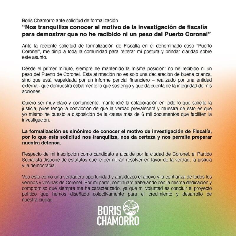 A través de este escrito, el alcalde de Coronel reiteró su inocencia y manifestó su intención de colaborar con la justicia.